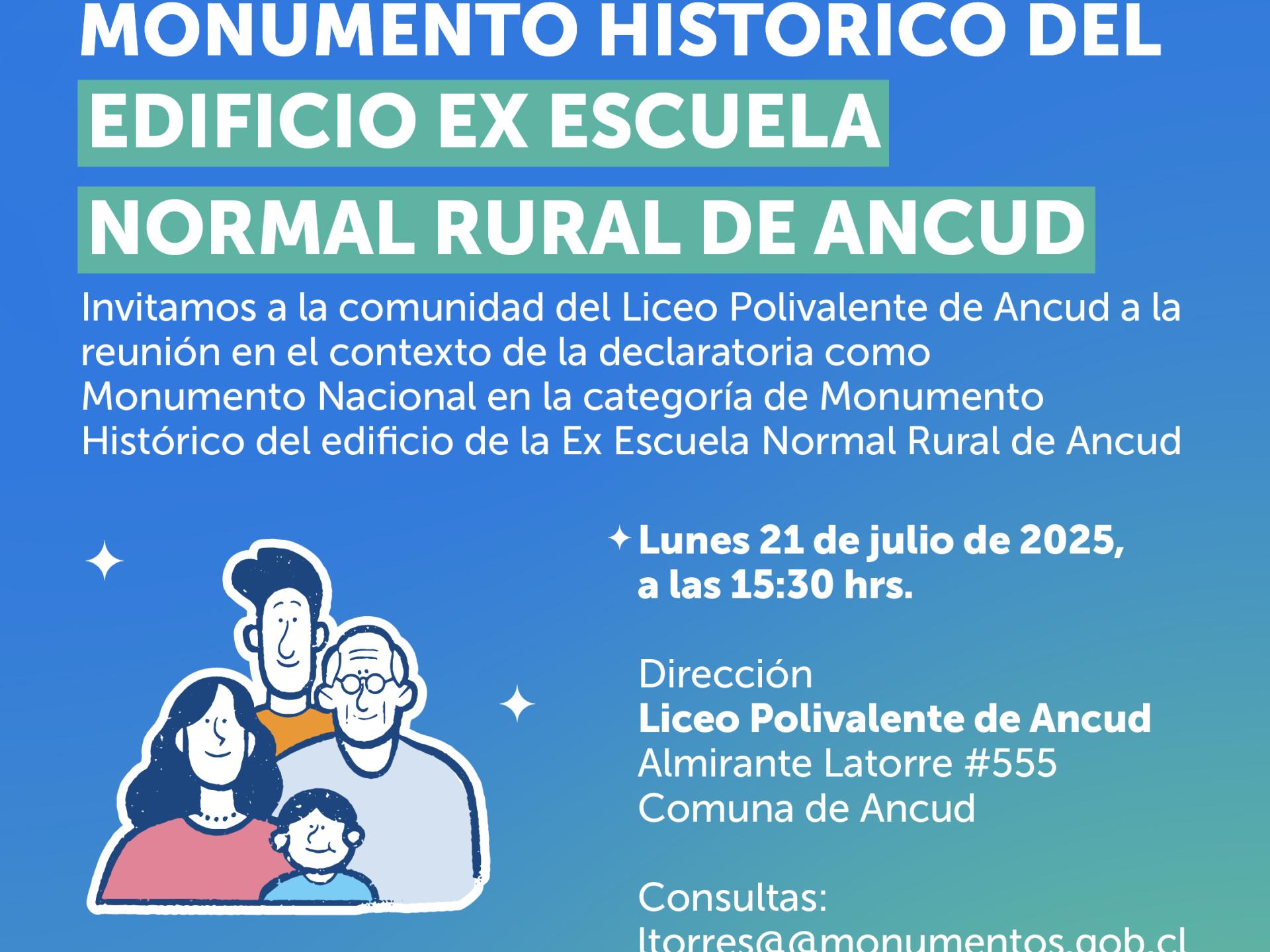 Invitamos a la comunidad del Liceo Polivalente de Ancud a la reunión en el contexto de la declaratoria como Monumento Nacional en la categoría de Monumento Histórico del edificio de la Ex Escuela Normal Rural de Ancud