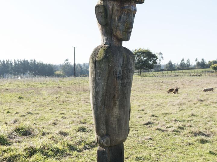 Imagen del monumento Nguillatuwe, menoko y cementerio del complejo ceremonial y religioso mapuche de Monopaine