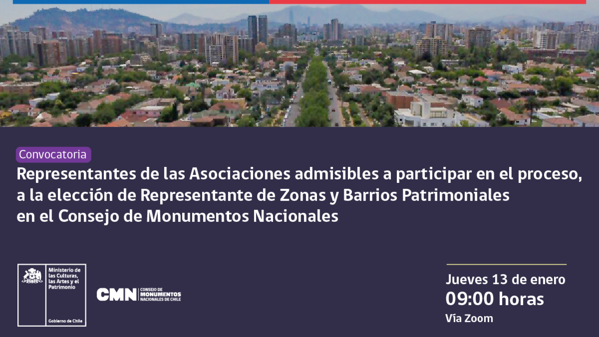 Imagen de Convocatoria a los representantes de las Asociaciones admisibles a participar en el proceso, a la elección de Representante de Zonas y Barrios Patrimoniales en el Consejo de Monumentos Nacionales