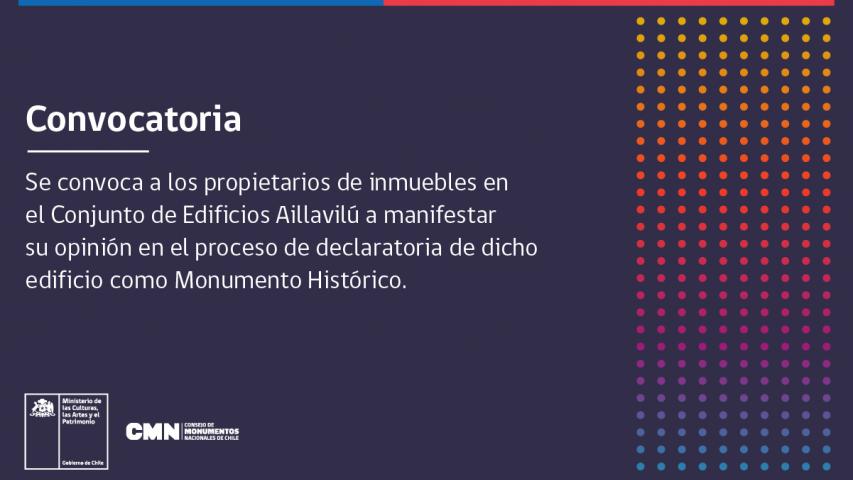 Imagen de CMN convoca a los propietarios de inmuebles en el Conjunto de Edificios Aillavilú a manifestar su opinión en el proceso de declaratoria de dicho edificio como Monumento Histórico. 