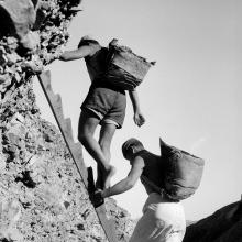 Pirquineros cargando minerales en capacho. Copiapó, región de Atacama. Película negativa 6x4,5 cm, blanco y negro.