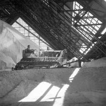 Bodega de acopio de salitre, c. 1950. Puerto de Iquique, región de Tarapacá. Película negativa 6x6 cm, blanco y negro