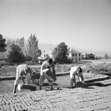 Preparación de ladrillos. Santiago, Región Metropolitana. Película negativa 6x6 cm, blanco y negro