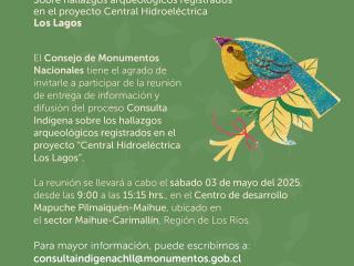 Imagen de Reunión de entrega de información y difusión del proceso de Consulta Indígena sobre los hallazgos arqueológicos registrados en el proyecto “Central Hidroeléctrica Los Lagos”.